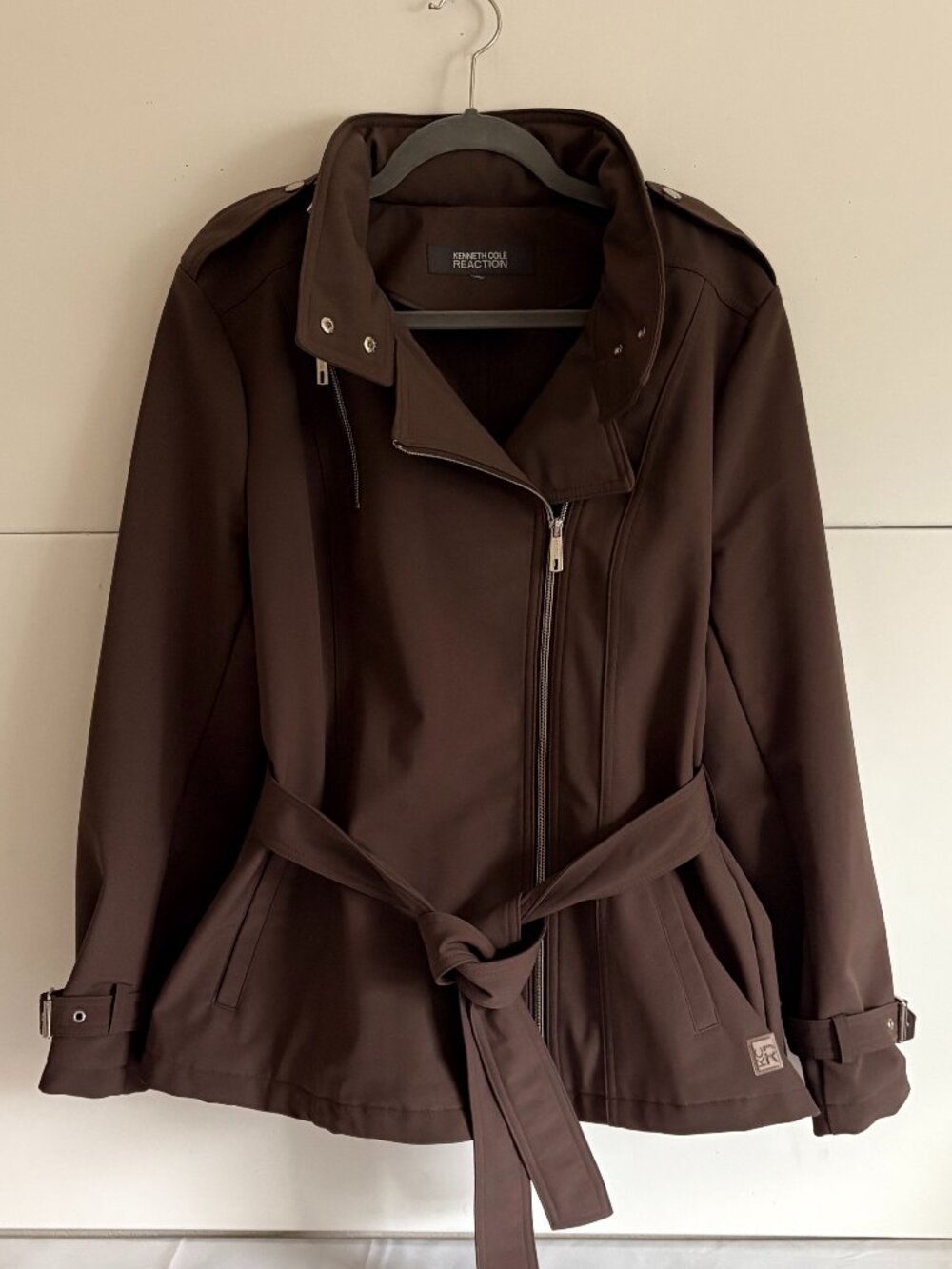 Kenneth Cole Reaction Moto Style Taupe Asymmetrical Zip Belted Jacket Size M